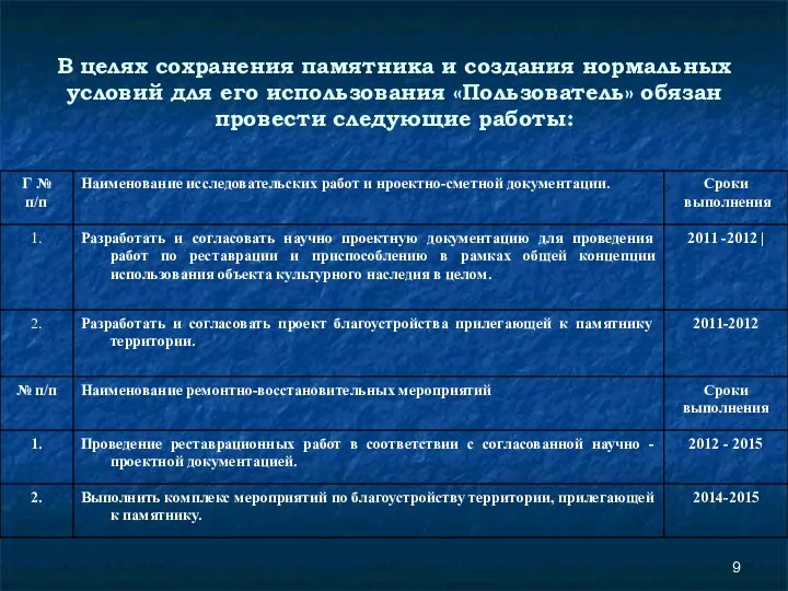 В целях сохранения памятника и создания нормальных условий для его использования «Пользователь» обязан провести следующие работы: