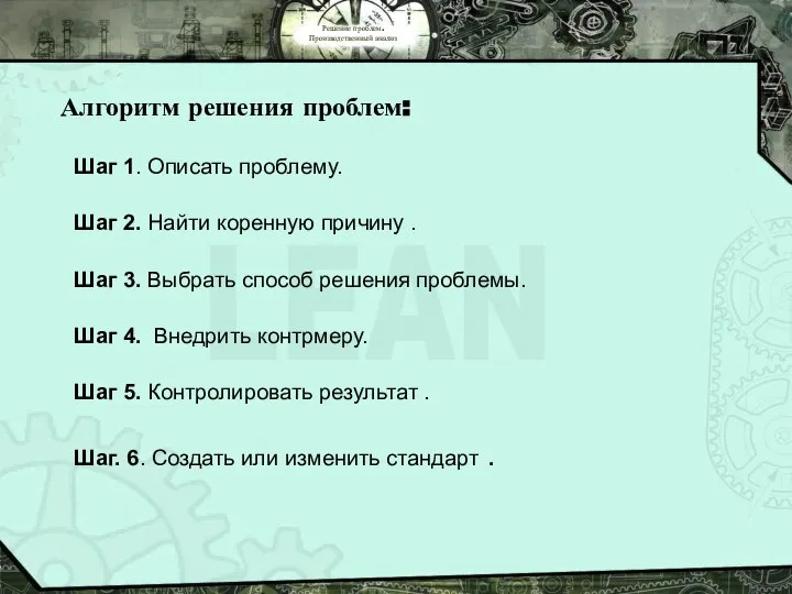 Решение проблем. Производственный анализ Алгоритм решения проблем: Шаг 1. Описать проблему.