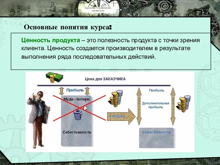 Бережливое и традиционное производство Основные понятия курса: Ценность продукта – это