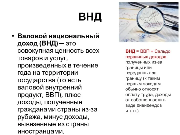 ВНД Валовой национальный доход (ВНД)— это совокупная ценность всех товаров и