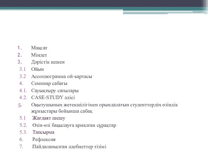 Портфолио мазмұны Мақсат Міндет Дәрістік кешен 3.1 Ойын 3.2 Ассоциограмма ой-картасы