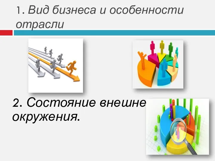 1. Вид бизнеса и особенности отрасли 2. Состояние внешнего окружения.