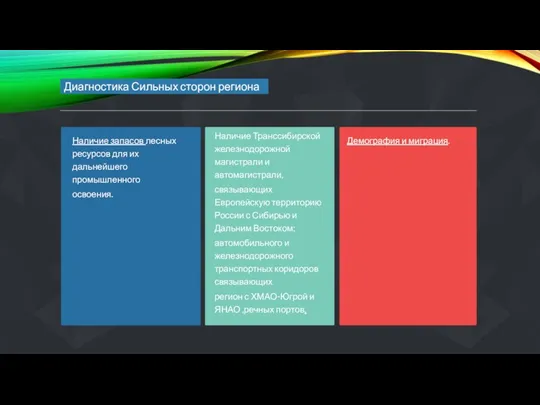 Диагностика Сильных сторон региона Наличие запасов лесных ресурсов для их дальнейшего