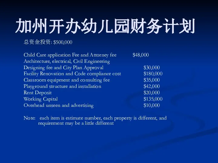 加州开办幼儿园财务计划 总资金投资: $500,000 Child Care application Fee and Attorney fee $48,000