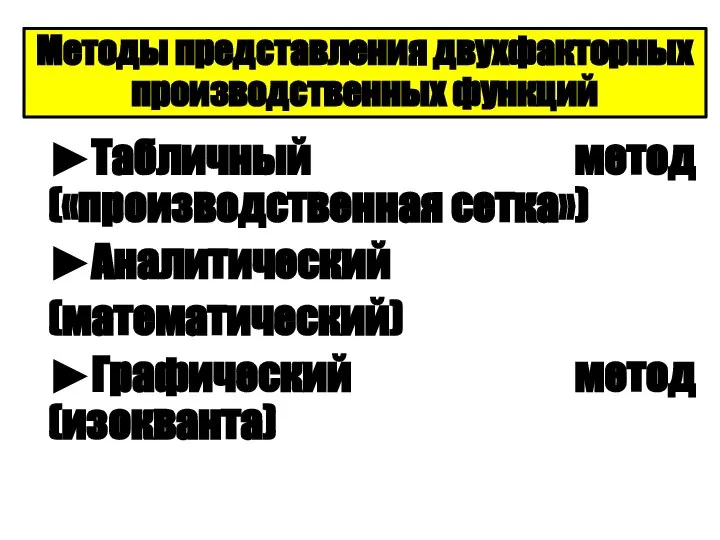 Методы представления двухфакторных производственных функций ►Табличный метод («производственная сетка») ►Аналитический (математический) ►Графический метод (изокванта)