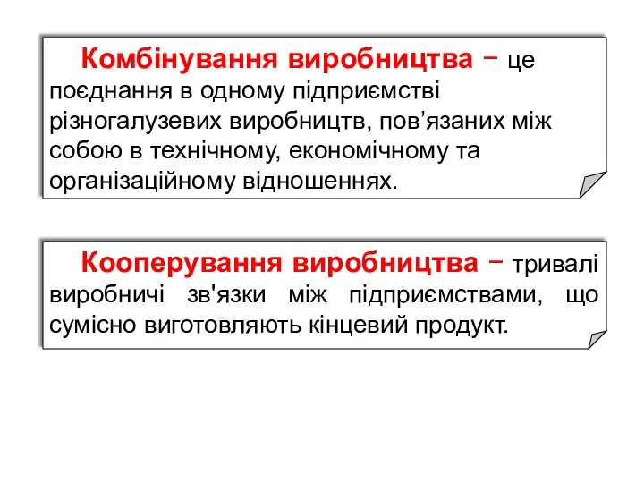 Кооперування виробництва − тривалі виробничі зв'язки між підприємствами, що сумісно виготовляють