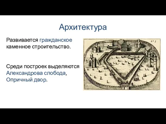 Архитектура Развивается гражданское каменное строительство. Среди построек выделяются Александрова слобода, Опричный двор.