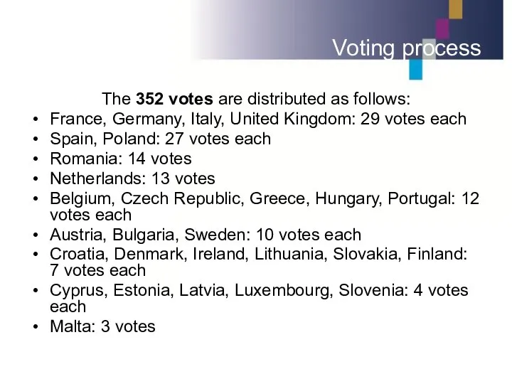 Voting process The 352 votes are distributed as follows: France, Germany,