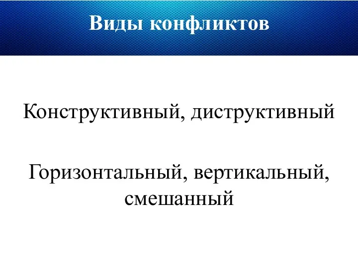 Виды конфликтов Конструктивный, диструктивный Горизонтальный, вертикальный, смешанный