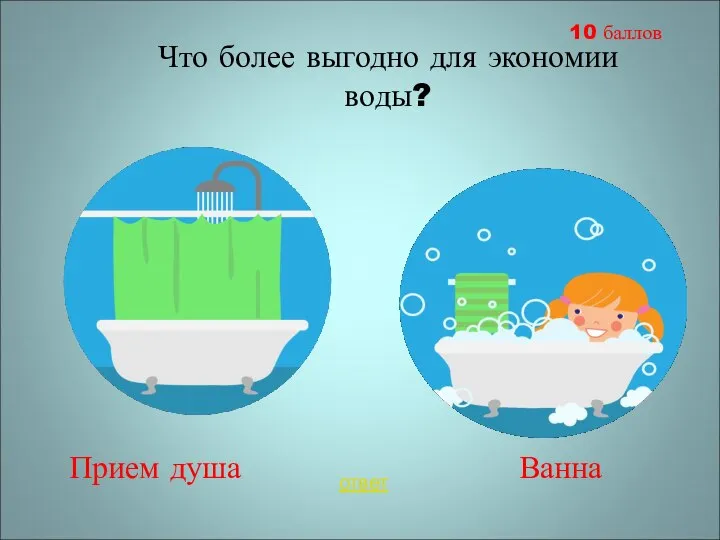 Ванна Прием душа Что более выгодно для экономии воды? 10 баллов ответ