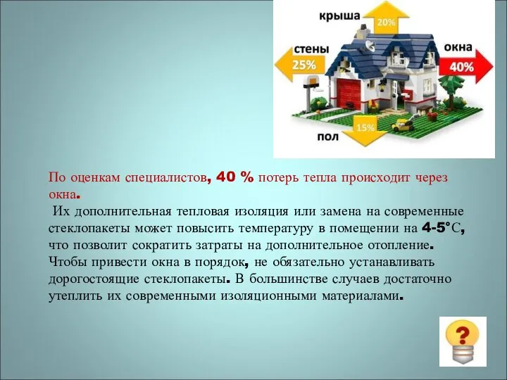 По оценкам специалистов, 40 % потерь тепла происходит через окна. Их