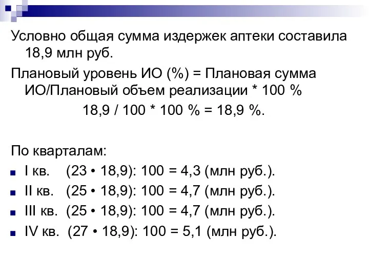 Условно общая сумма издержек аптеки составила 18,9 млн руб. Плановый уровень