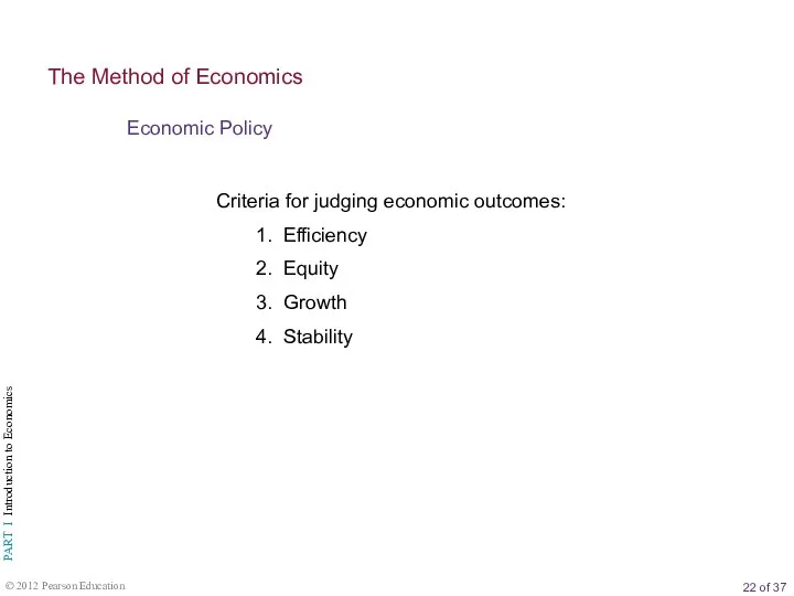 Economic Policy The Method of Economics Criteria for judging economic outcomes: