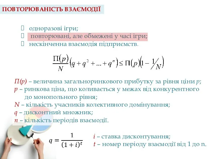 одноразові ігри; повторювані, але обмежені у часі ігри; нескінченна взаємодія підприємств.