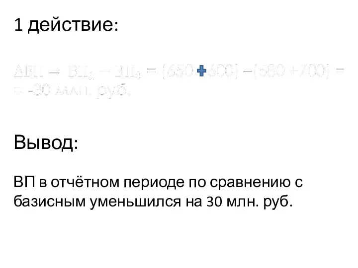 1 действие: Вывод: ВП в отчётном периоде по сравнению с базисным уменьшился на 30 млн. руб.