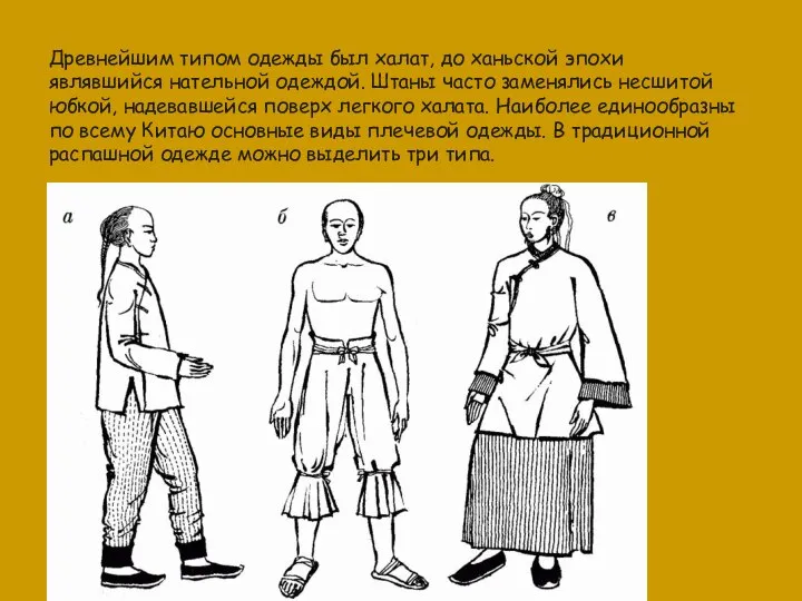 Древнейшим типом одежды был халат, до ханьской эпохи являвшийся нательной одеждой.