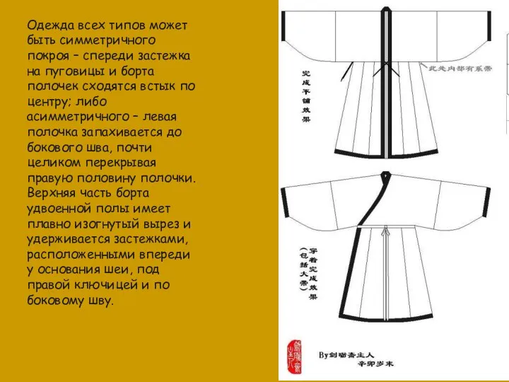 Одежда всех типов может быть симметричного покроя – спереди застежка на