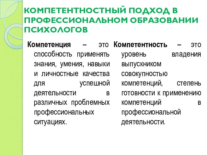 КОМПЕТЕНТНОСТНЫЙ ПОДХОД В ПРОФЕССИОНАЛЬНОМ ОБРАЗОВАНИИ ПСИХОЛОГОВ Компетенция – это способность применять