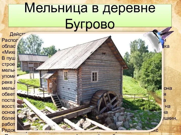 Мельница в деревне Бугрово Действующий музей водяной мельницы и усадьбы мельника.