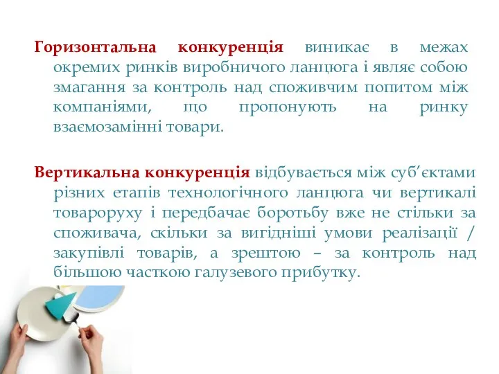 Горизонтальна конкуренція виникає в межах окремих ринків виробничого ланцюга і являє