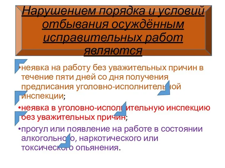 Нарушением порядка и условий отбывания осуждённым исправительных работ являются неявка на