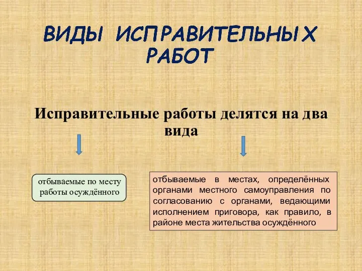 Исправительные работы делятся на два вида отбываемые по месту работы осуждённого