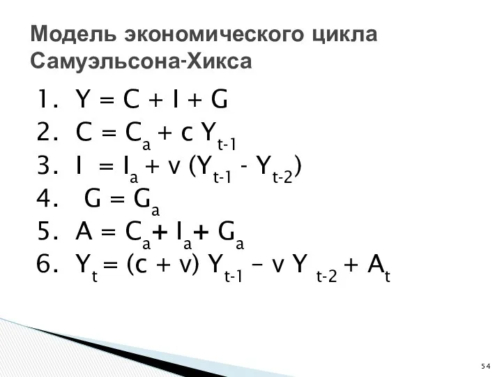 Модель экономического цикла Самуэльсона-Хикса 1. Y = C + I +