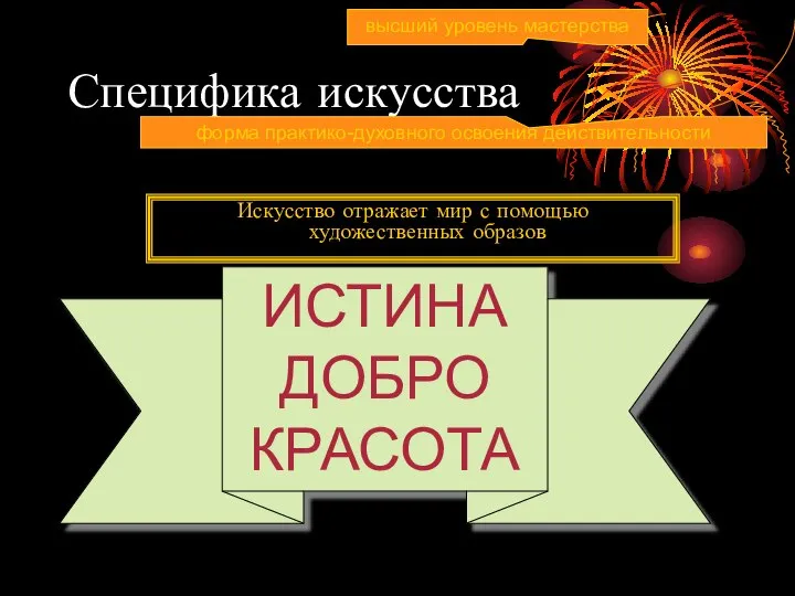 Специфика искусства Искусство отражает мир с помощью художественных образов высший уровень