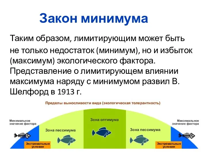 Закон минимума Таким образом, лимитирующим может быть не только недостаток (минимум),