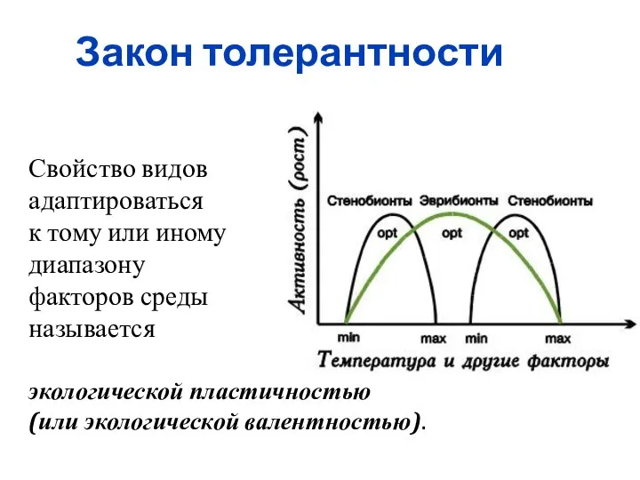 Закон толерантности Свойство видов адаптироваться к тому или иному диапазону факторов