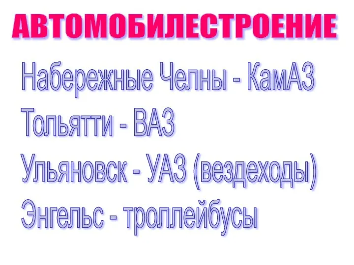 АВТОМОБИЛЕСТРОЕНИЕ Набережные Челны - КамАЗ Тольятти - ВАЗ Ульяновск - УАЗ (вездеходы) Энгельс - троллейбусы