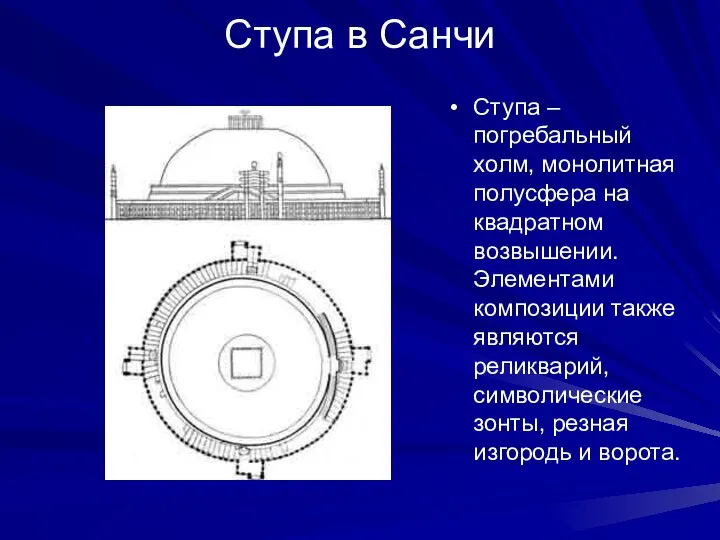 Ступа в Санчи Ступа – погребальный холм, монолитная полусфера на квадратном