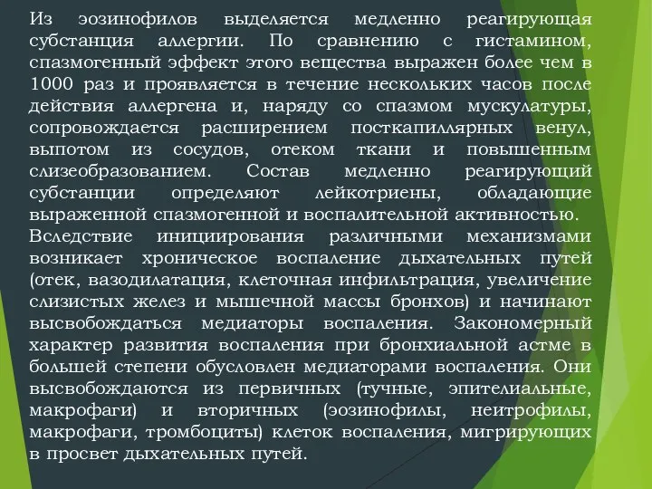 Из эозинофилов выделяется медленно реагирующая субстанция аллергии. По сравнению с гистамином,