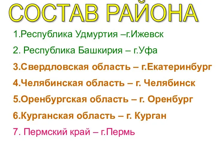 СОСТАВ РАЙОНА 1.Республика Удмуртия –г.Ижевск 2. Республика Башкирия – г.Уфа 3.Свердловская