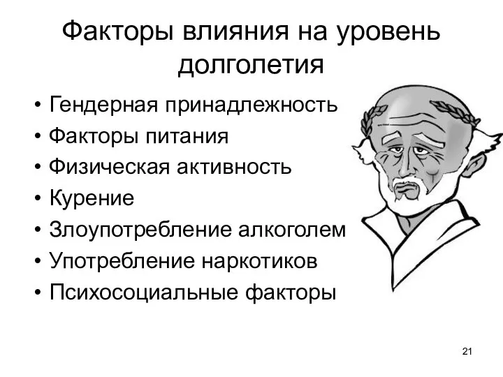 Факторы влияния на уровень долголетия Гендерная принадлежность Факторы питания Физическая активность