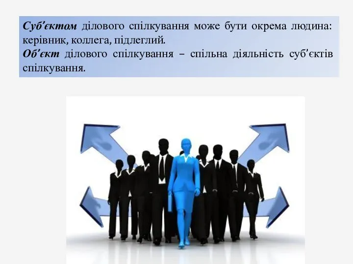 Суб’єктом ділового спілкування може бути окрема людина: керівник, коллега, підлеглий. Об’єкт