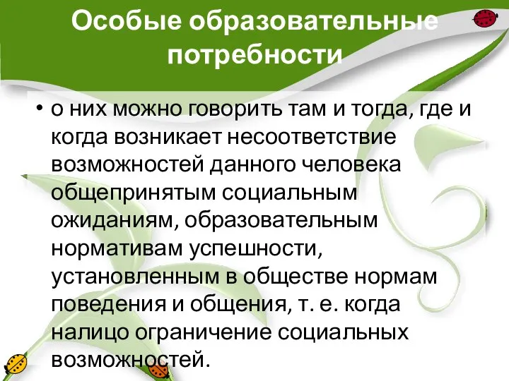 Особые образовательные потребности о них можно говорить там и тогда, где