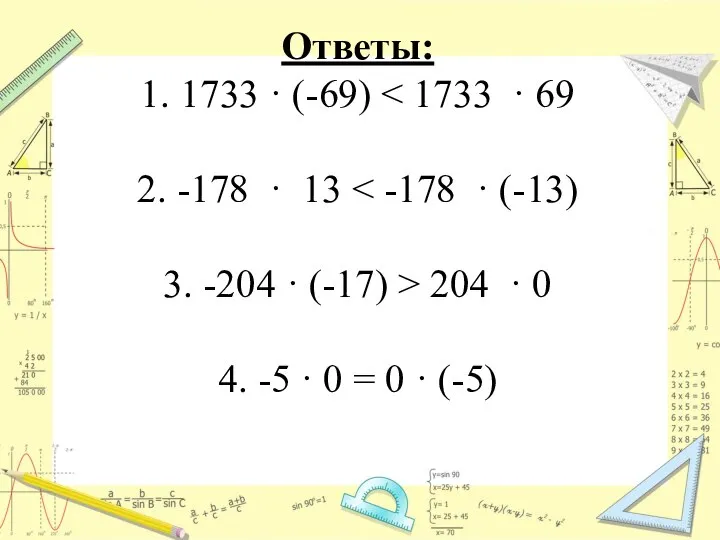 Ответы: 1. 1733 · (-69) 204 · 0 4. -5 · 0 = 0 · (-5)