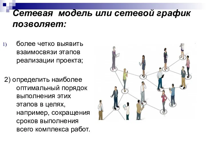 Сетевая модель или сетевой график позволяет: более четко выявить взаимосвязи этапов