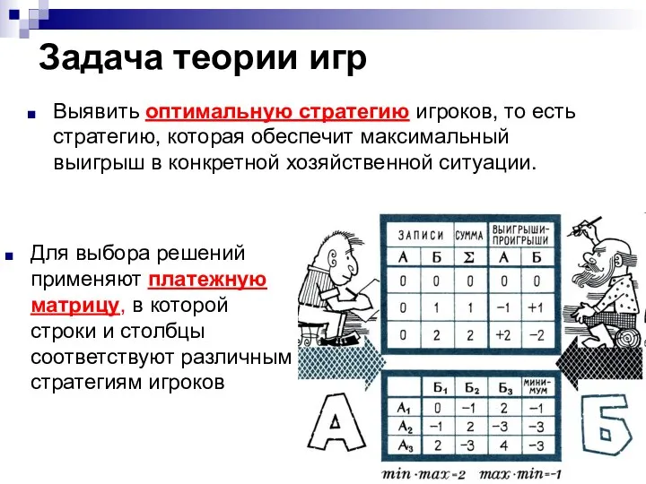 Задача теории игр Для выбора решений применяют платежную матрицу, в которой