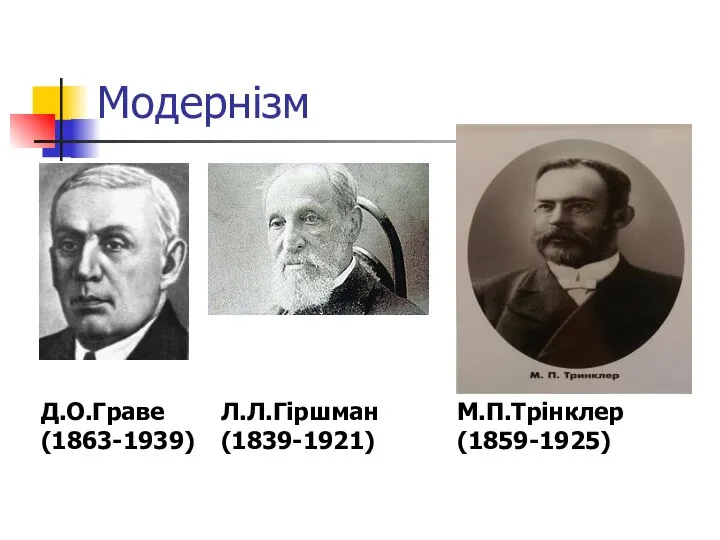 Модернізм Д.О.Граве (1863-1939) Л.Л.Гіршман (1839-1921) М.П.Трінклер (1859-1925)