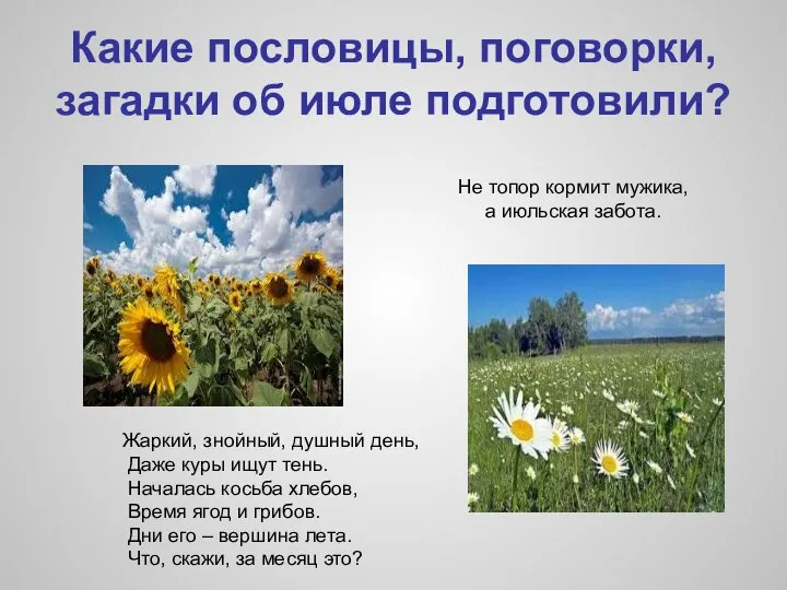 Какие пословицы, поговорки, загадки об июле подготовили? Жаркий, знойный, душный день,