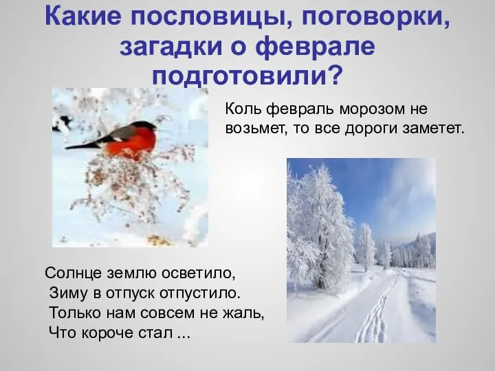 Какие пословицы, поговорки, загадки о феврале подготовили? Солнце землю осветило, Зиму