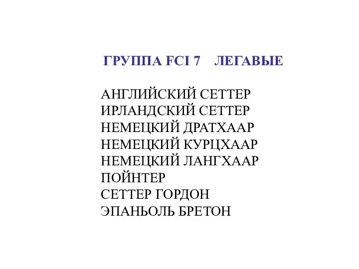 ГРУППА FCI 7 ЛЕГАВЫЕ АНГЛИЙСКИЙ СЕТТЕР ИРЛАНДСКИЙ СЕТТЕР НЕМЕЦКИЙ ДРАТХААР НЕМЕЦКИЙ