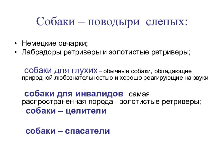 Собаки – поводыри слепых: Немецкие овчарки; Лабрадоры ретриверы и золотистые ретриверы;