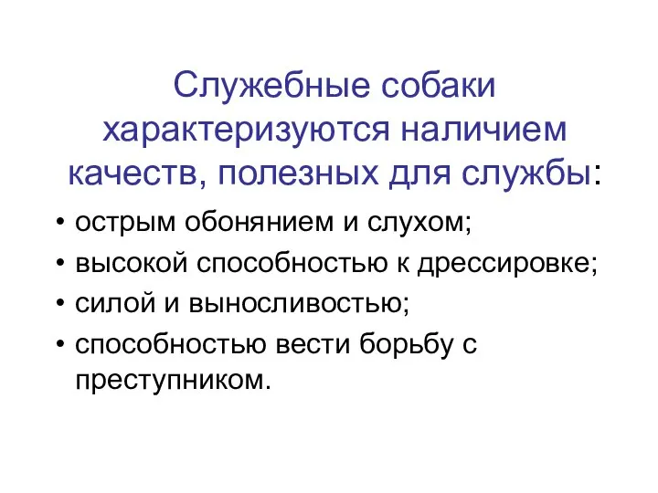 Служебные собаки характеризуются наличием качеств, полезных для службы: острым обонянием и