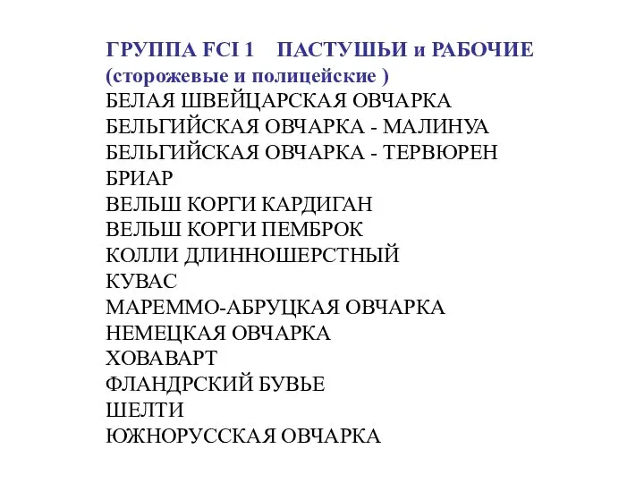 ГРУППА FCI 1 ПАСТУШЬИ и РАБОЧИЕ (сторожевые и полицейские ) БЕЛАЯ