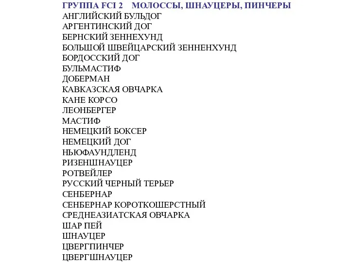 ГРУППА FCI 2 МОЛОССЫ, ШНАУЦЕРЫ, ПИНЧЕРЫ АНГЛИЙСКИЙ БУЛЬДОГ АРГЕНТИНСКИЙ ДОГ БЕРНСКИЙ