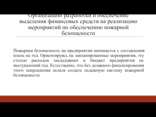 Организацию разработки и обеспечение выделения финансовых средств на реализацию мероприятий по