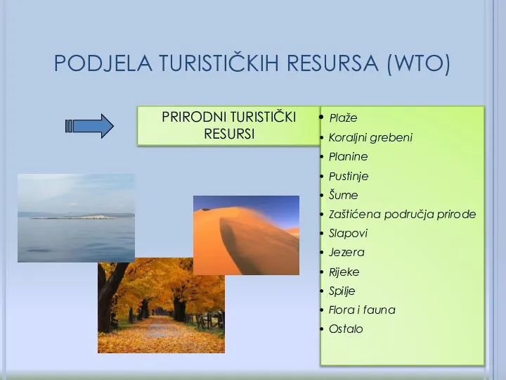 PODJELA TURISTIČKIH RESURSA (WTO) PRIRODNI TURISTIČKI RESURSI Plaže Koraljni grebeni Planine